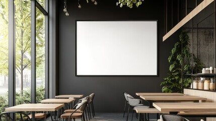 Modern cafe interior with large blank poster.