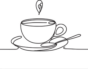 Minimalist Line Drawing of Coffee Cup with Spoon on White Background - Elegant Art