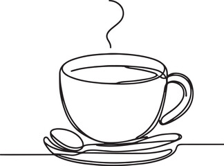 Minimalist Line Drawing of Coffee Cup with Spoon on White Background - Elegant Art