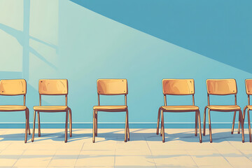 Fototapeta premium A row of wooden chairs against a blue wall, casting shadows on a tiled floor.