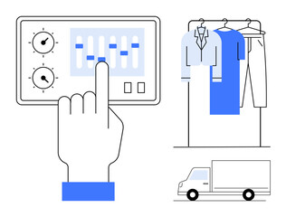 Hand adjusting digital controls, clothing on a rack, delivery truck. Ideal for retail, e-commerce, logistics, fashion management, inventory tracking automation systems supply chain. Line metaphor