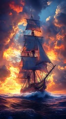 Romantic ocean horizon with sailing ship under glowing fiery sunset sky picture