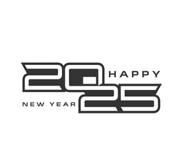 2025 Calendar number. Vector futuristic black and white 2025 typography with bold, geometric lines and happy new year text. Modern, tech inspired new year greetings with a sleek, innovative style