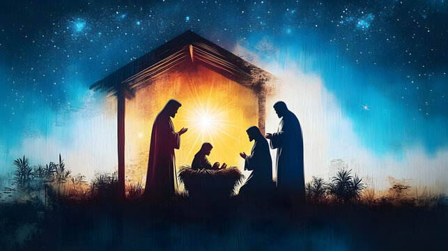 The Nativity. Silhouette of the Holy Family in the stable during the starry night. Digital illustration.