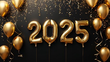 Luxurious Gold Foil Balloons New Year's Eve 2025 Party Background, Elegant Black Canvas with Space for Text Overlay