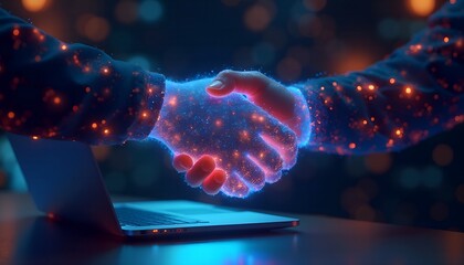 Two hands shake with glowing particles against a digital backdrop at night