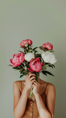 Woman holds a bouquet of peonies in her hands covering her face. Space for text. Pastel palette. Greeting card © bosotochka