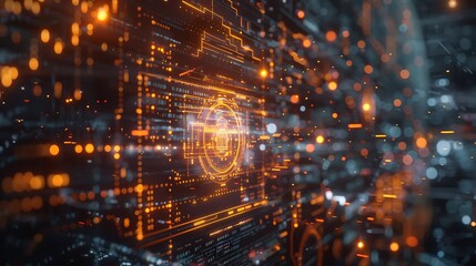 Obraz premium A computer screen with colorful, glowing digital displays and data visualizations.