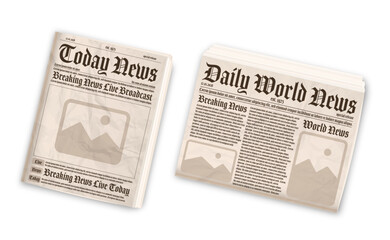 Old newspaper layout. Vertical and horizontal mockup of newspapers isolated on white background. Vector illustration.