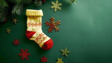 Christmas background with christmas sock and snowflakes on green board