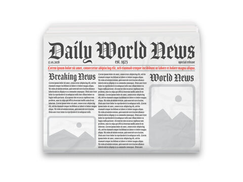 Daily newspaper journal design template with editable headlines quotes text articles and color images. Horizontal folded newspaper layout. Vector illustration.