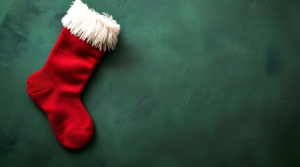 Christmas stocking on green background. Top view with copy space for your text