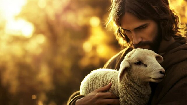Jesus gently cradling a lamb in his arms, his expression serene and compassionate, with a radiant glow surrounding him and a peaceful meadow in the background.