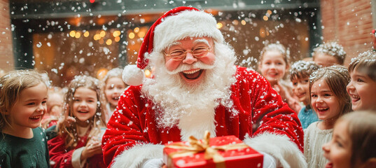 Santa claus giving christmas gifts to excited children surrounded by falling snow