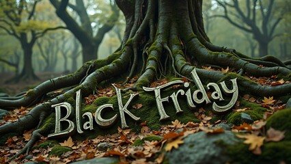 Naklejka premium Mystical Forest Black Friday, Autumnal Leaves & Ancient Tree Roots Spell Sale