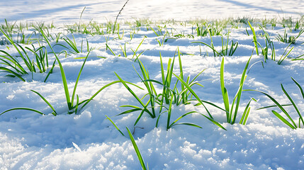 Green grass under the snow in the winter, close-up.