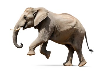 Obraz premium A stunning image of an African elephant mid-leap, showcasing its power and grace against a white background.