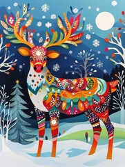 A colorful deer stands in a snowy forest with a Christmas tree in the background