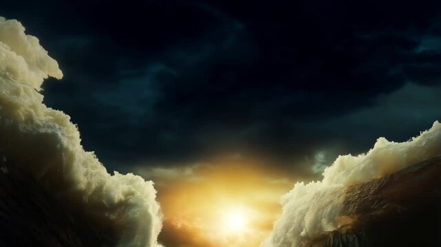 Moses standing boldly with arms raised, parting the towering, turbulent walls of the Red Sea, under a dramatic sky with divine light breaking through the clouds.