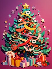A colorful paper tree with a star on top and many ornaments