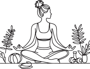 Minimalist Line Art of a Woman Meditating and Doing Yoga – Fitness and Wellness Illustration on White Background