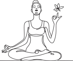 Minimalist Line Art of a Woman Meditating and Doing Yoga – Fitness and Wellness Illustration on White Background