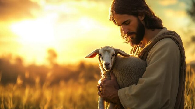 Jesus gently cradling a lamb in his arms, his expression serene and compassionate, with a radiant glow surrounding him and a peaceful meadow in the background.
