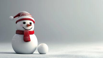 Snowman with a red scarf and hat on a white background and a snowball. 3D illustration.