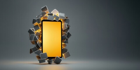 spam call phone security concept. A smartphone surrounded by glowing square shapes on a dark background.