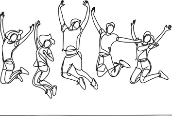 Minimalist Line Art of Young People Jumping- Joy, Success, and Victory 