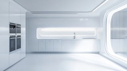 Fototapeta premium A modern, minimalist kitchen with sleek appliances and a bright, open design.