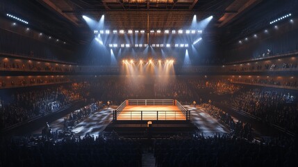 Spectators fill the grand arena, buzzing with energy as two boxers stand ready in the ring. Bright lights illuminate the fighter's focused expressions, capturing the anticipation of the match ahead