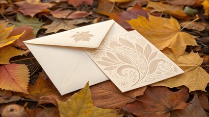 Elegant invitation card with floral decorations and its envelope are lying on a bed of colorful autumn leaves, creating a warm and inviting scene