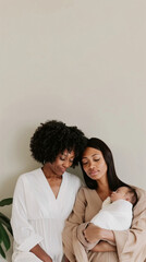 A young girl holds a newborn baby along with his grandmother.