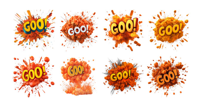 Pack Comic Explosion with the Text "GOO" in Bold Typography, Isolated Against a Transparent Background for Fun, Creativity, or Playful Campaigns set