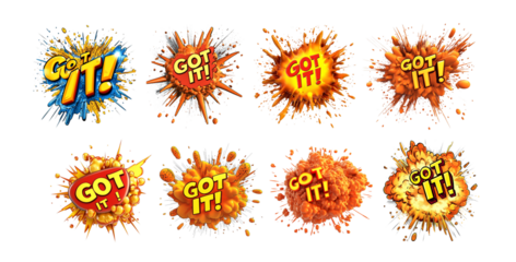 Pack Bold Typography with the Text "GOT IT," in comic style Isolated Against a Transparent Background for Clarity, Communication, or Affirmative Messages set