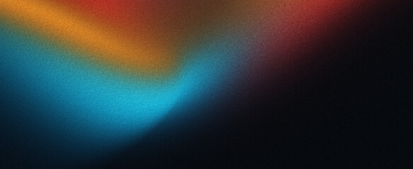 Grainy gradient background with blue orange red abstract glowing color flow wave on a dark black noise texture banner design,copy space