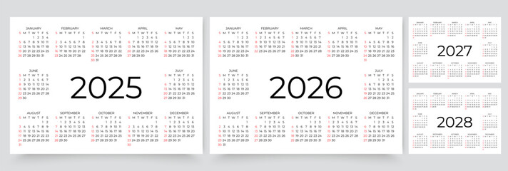 2025, 2026, 2027, 2028 calendars for  year. Calender templates. Week starts Sunday. Desk planer grid. Planner layout with 12 months. Yearly diary in English. Vector illustration. Paper size A4