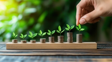 A hand places a leaf on growing stacks of coins, symbolizing financial growth and investment.
