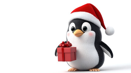 A penguin is holding a red box with a bow on it