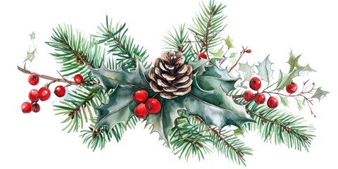 Festive Holly and Pine Cone Decor. Watercolor Illustration for Christmas and New Year