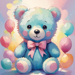 teddy bear and ballons watercolor illustration