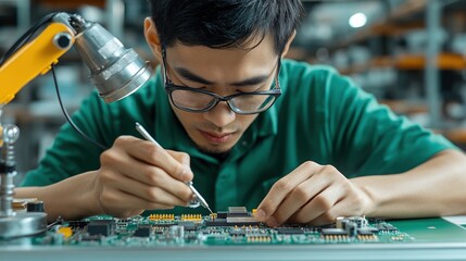 Technician solders microchips on a circuit board in a clean high-tech factory in Tokyo with organized workstations and shelves of electronic components