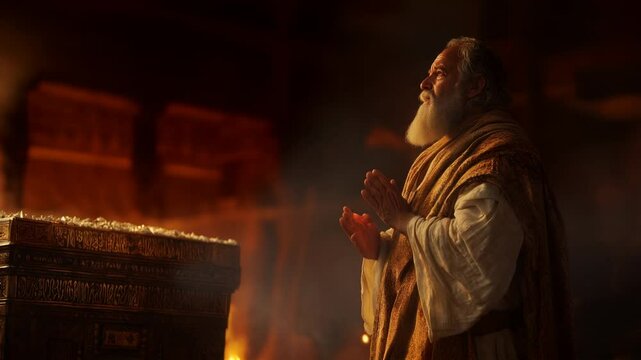 Moses standing beside the Ark of the Covenant.