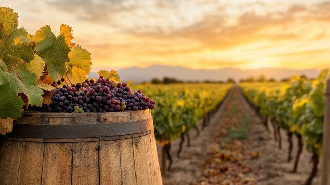 Winemaker pressing grapes with a vintage wooden press in a Mendoza vineyard during a warm golden sunset in harvest season
