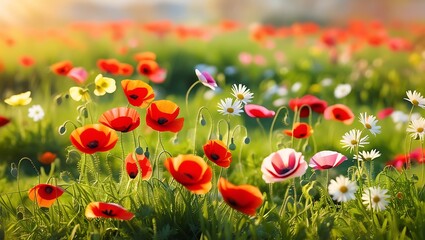 Obraz premium Imagine a sun-drenched meadow bursting with life, a vibrant tapestry of wildflowers swaying gently in a soft breeze.