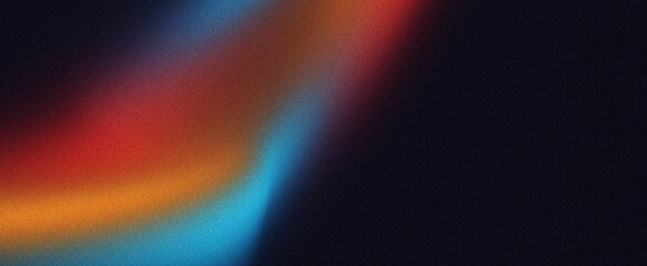 Grainy gradient background with blue orange red abstract glowing color flow wave on a dark black noise texture banner design,copy space