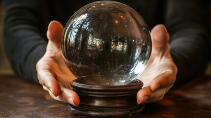 A person holds a crystal ball on a wooden base, suggesting mysticism or fortune-telling.