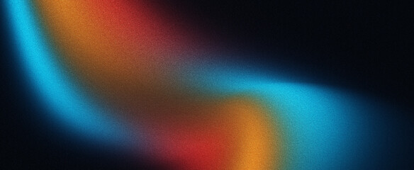 Grainy gradient background with blue orange red abstract glowing color flow wave on a dark black noise texture banner design,copy space