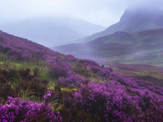 Obraz premium Misty heather-covered hills of the scottish highlands nature landscape mystical vibes